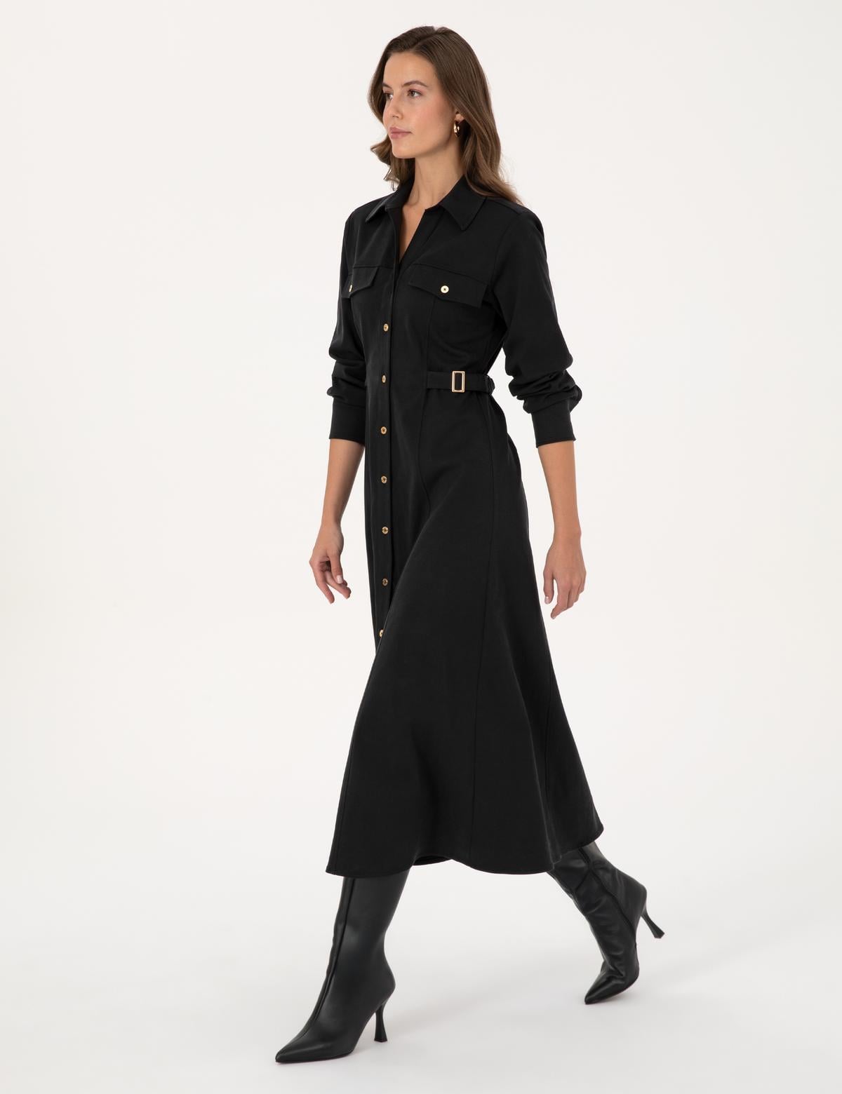 Siyah Regular Fit Dokuma Elbise - 50313302011