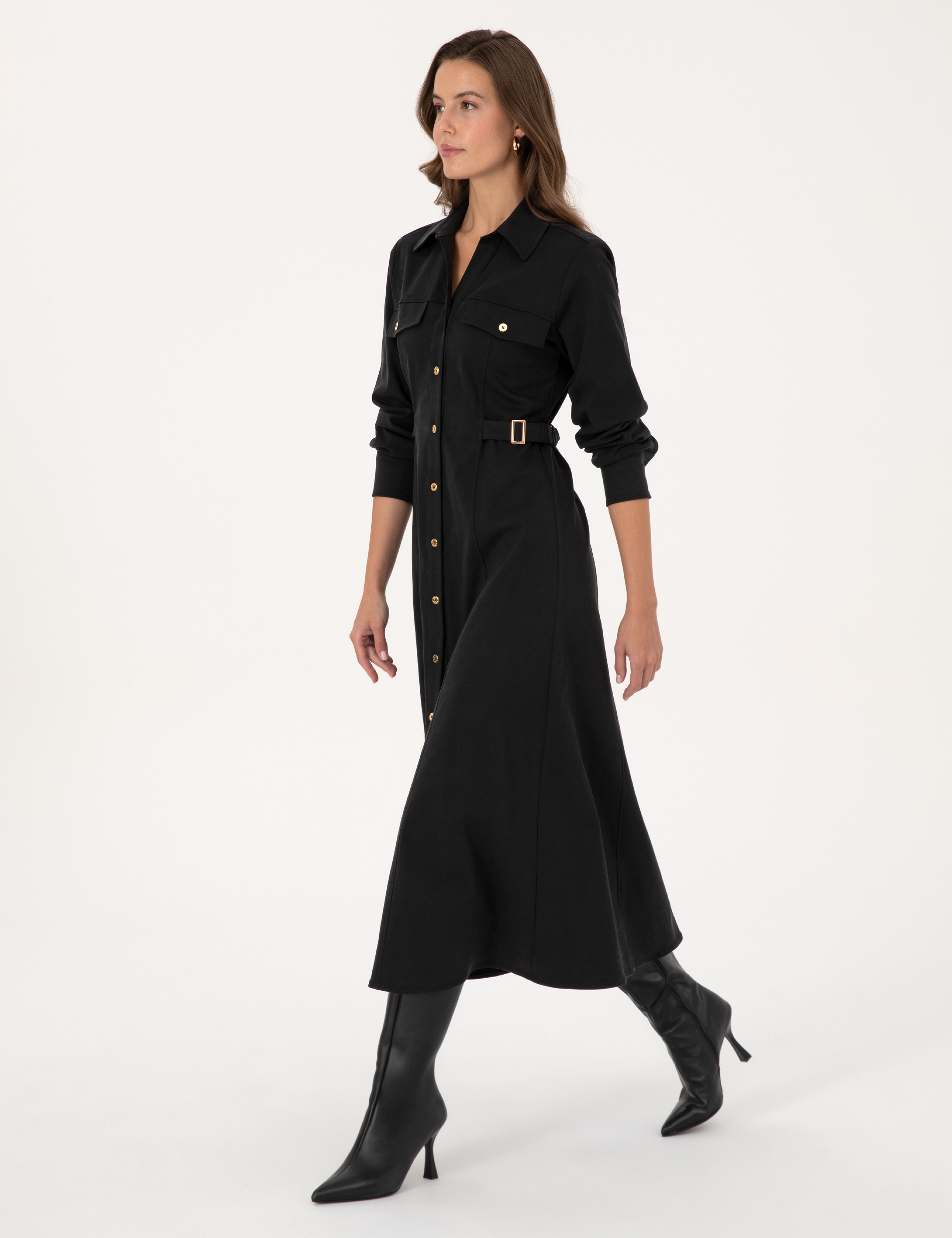 Siyah Regular Fit Dokuma Elbise