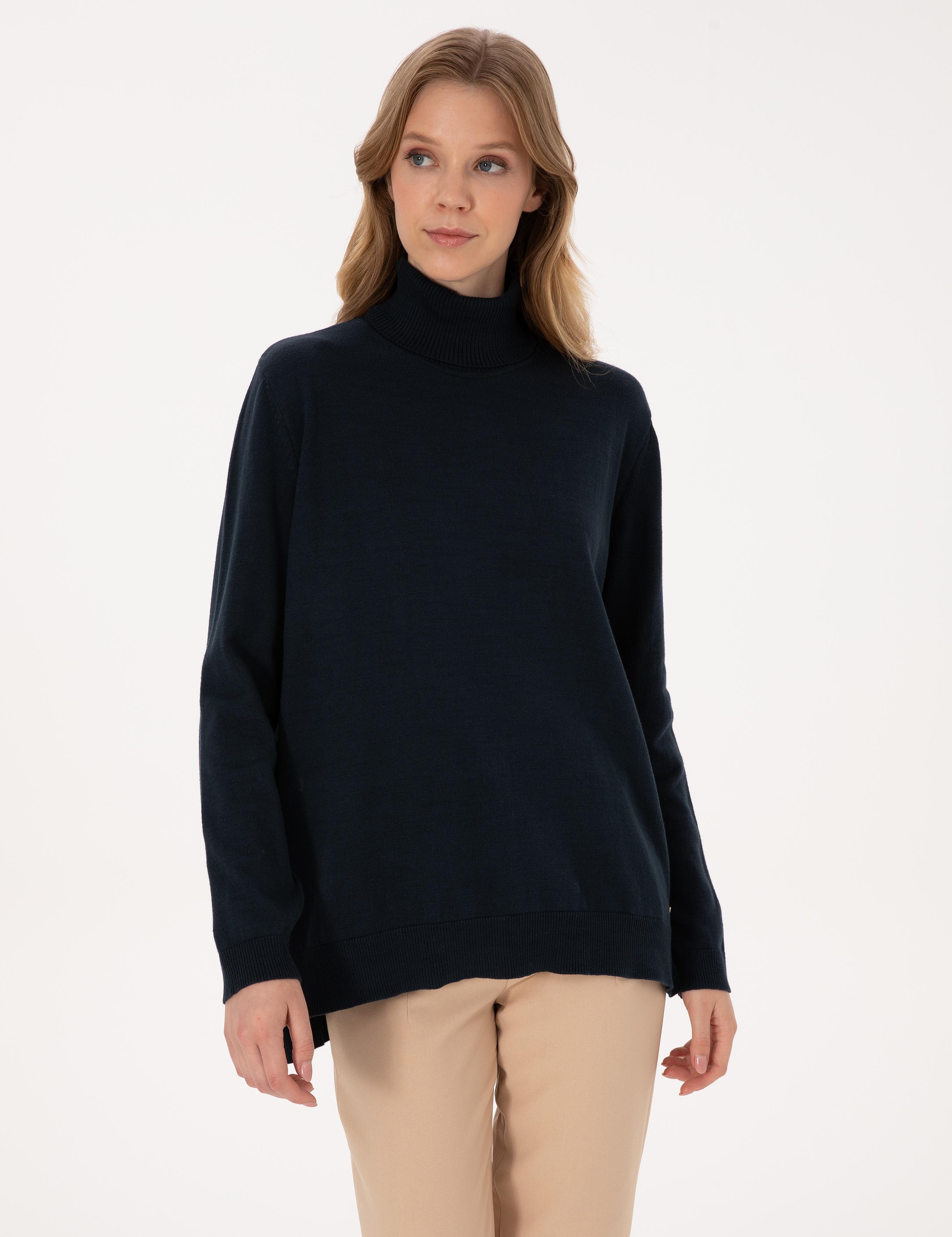 Lacivert Comfort Fit Tam Balıkçı Yaka Basic Kazak