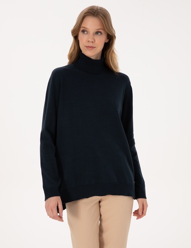 Lacivert Comfort Fit Tam Balıkçı Yaka Basic Kazak