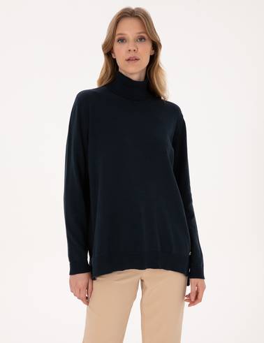Lacivert Comfort Fit Tam Balıkçı Yaka Basic Kazak