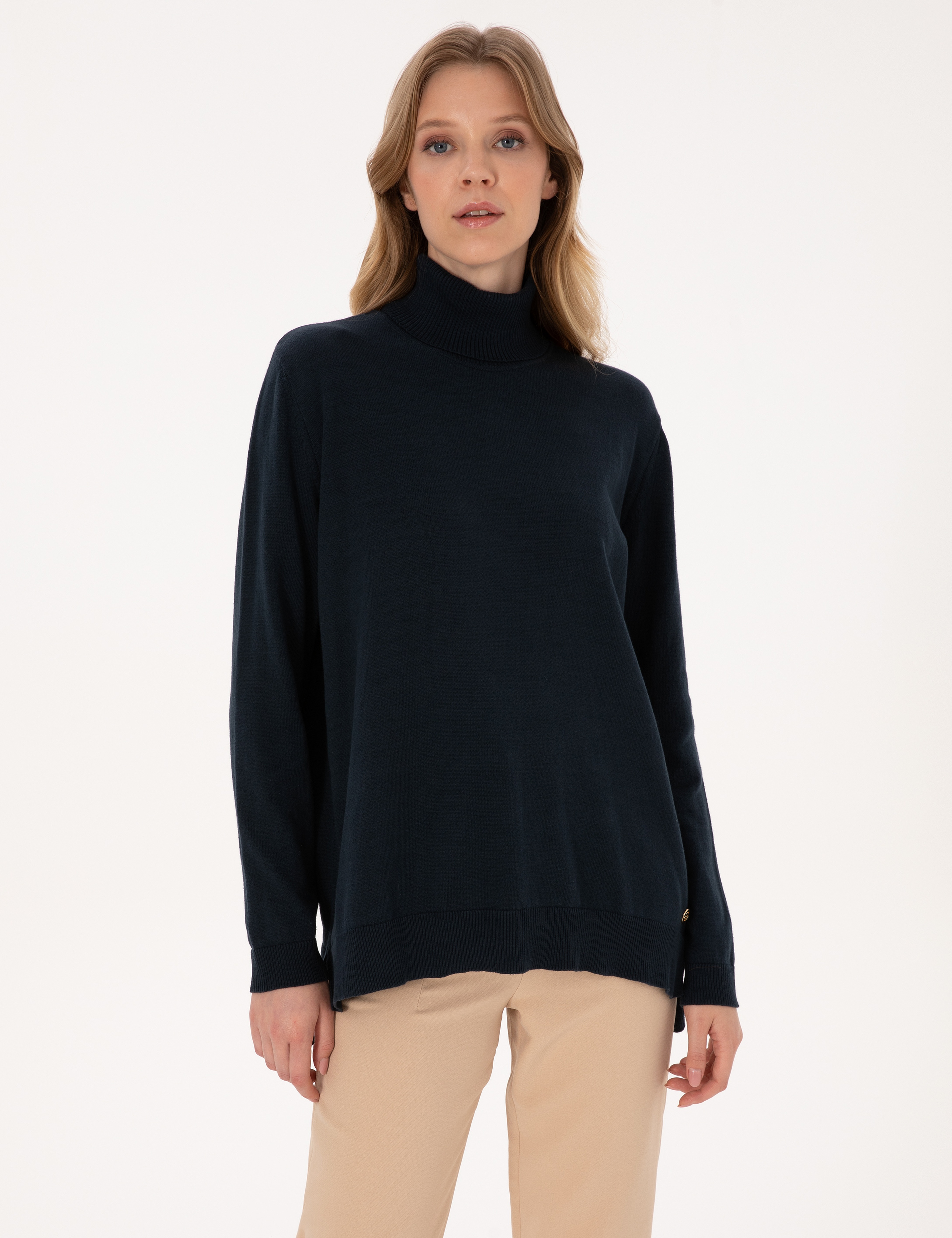 Lacivert Comfort Fit Tam Balıkçı Yaka Basic Kazak