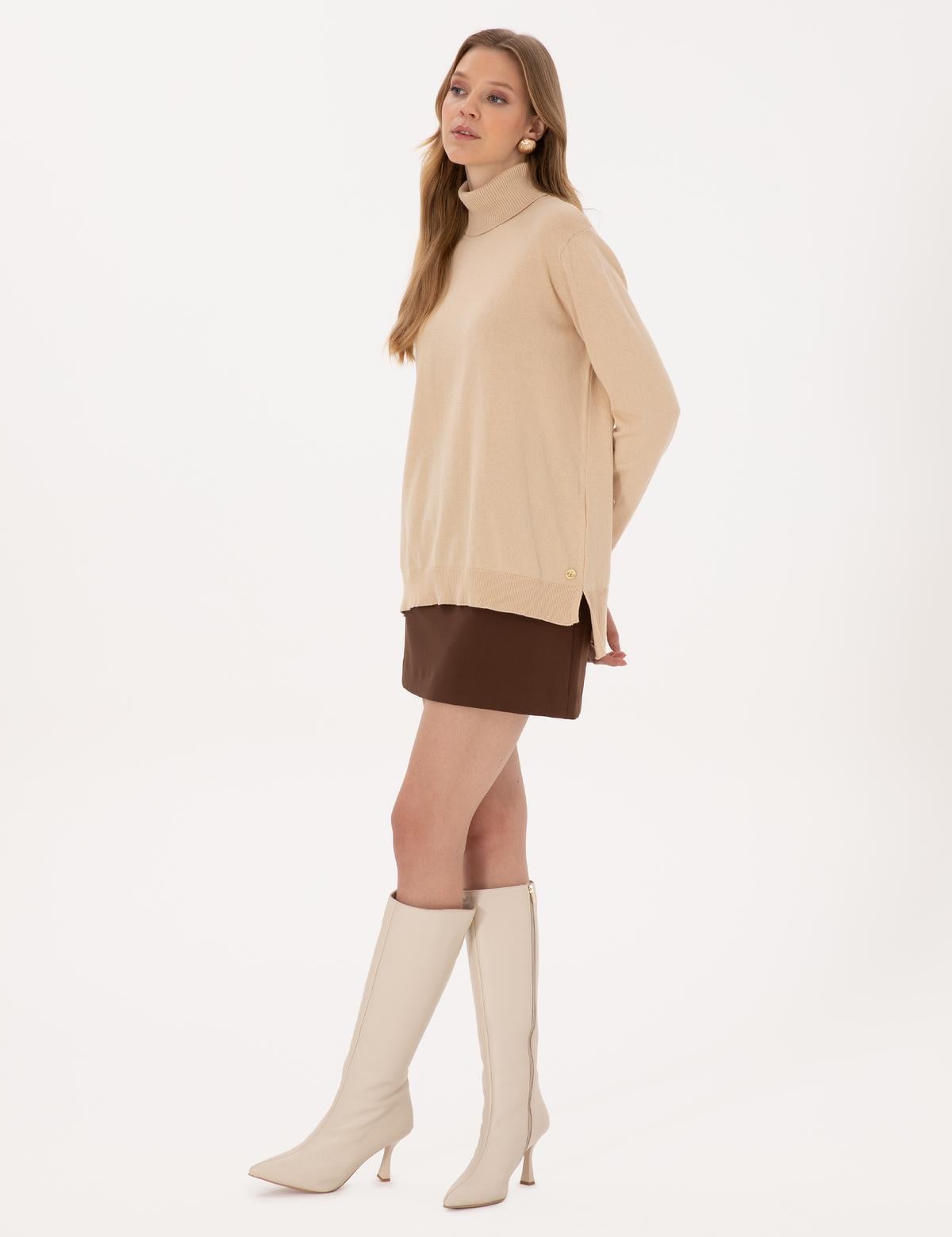 Bej Comfort Fit Tam Balıkçı Yaka Basic Kazak - 50316385004