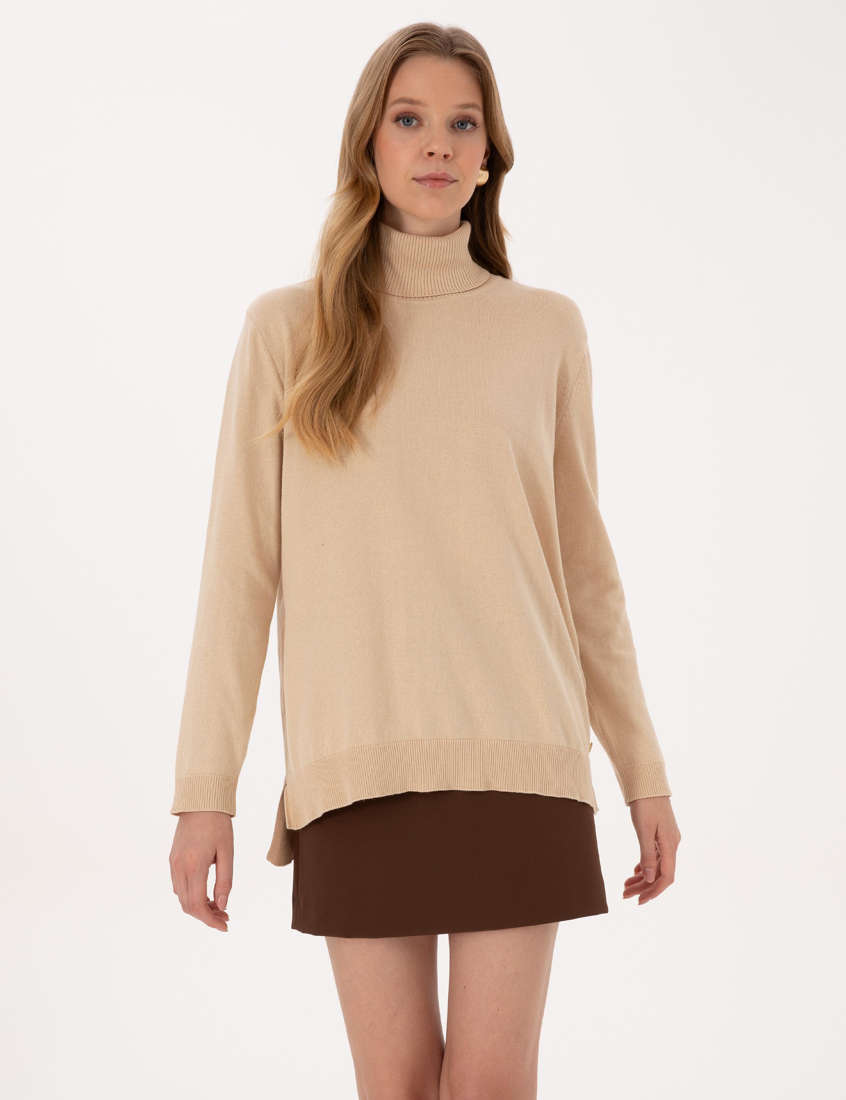 Bej Comfort Fit Tam Balıkçı Yaka Basic Kazak