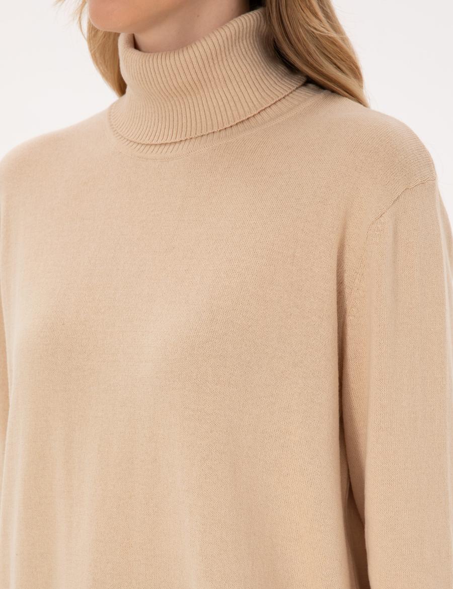 Bej Comfort Fit Tam Balıkçı Yaka Basic Kazak