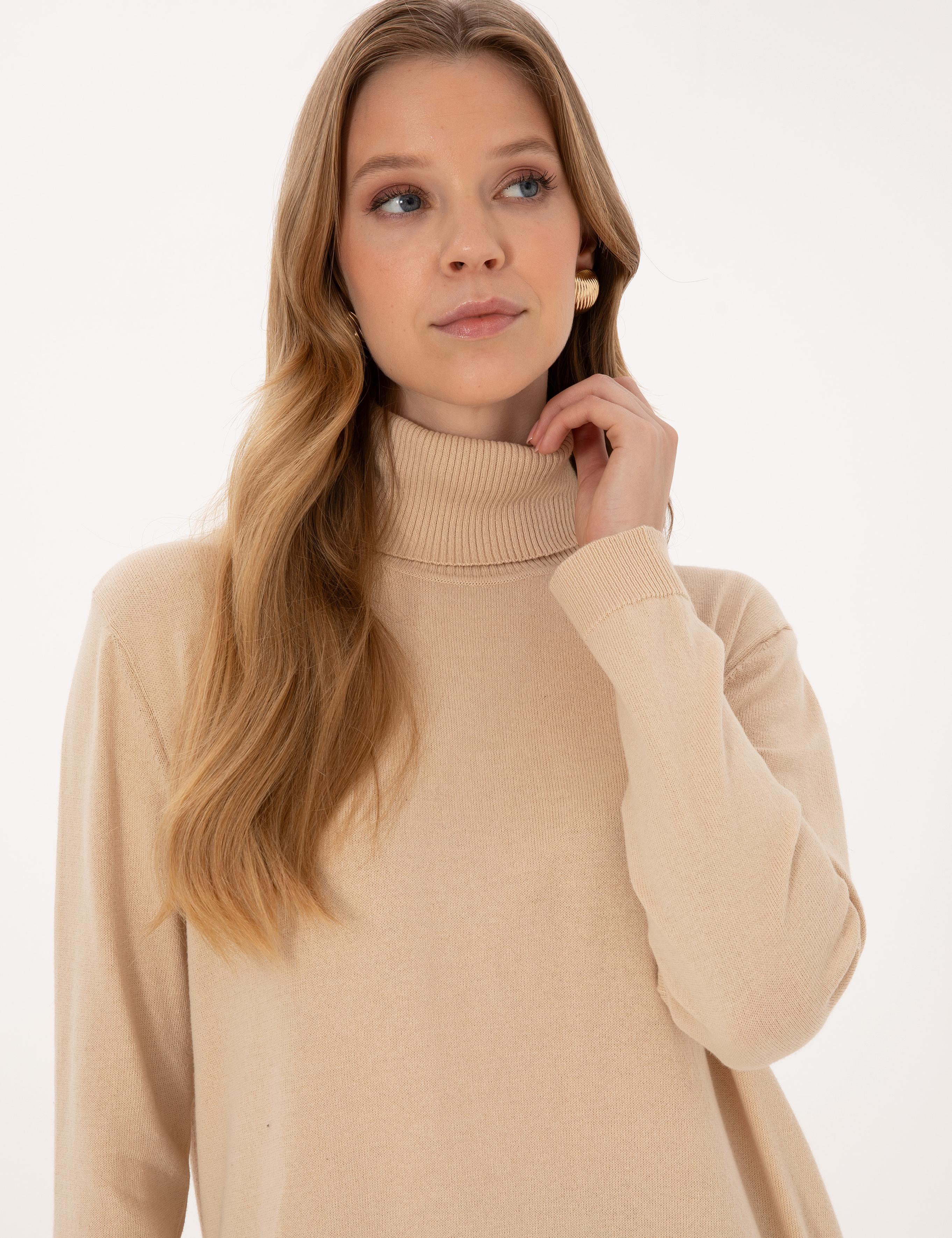 Bej Comfort Fit Tam Balıkçı Yaka Basic Kazak