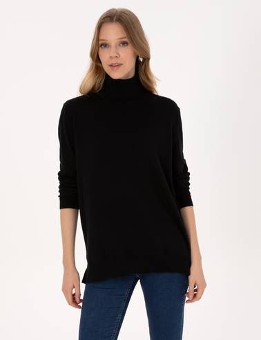 Siyah Comfort Fit Tam Balıkçı Yaka Basic Kazak