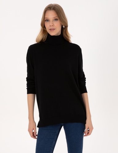 Siyah Comfort Fit Tam Balıkçı Yaka Basic Kazak