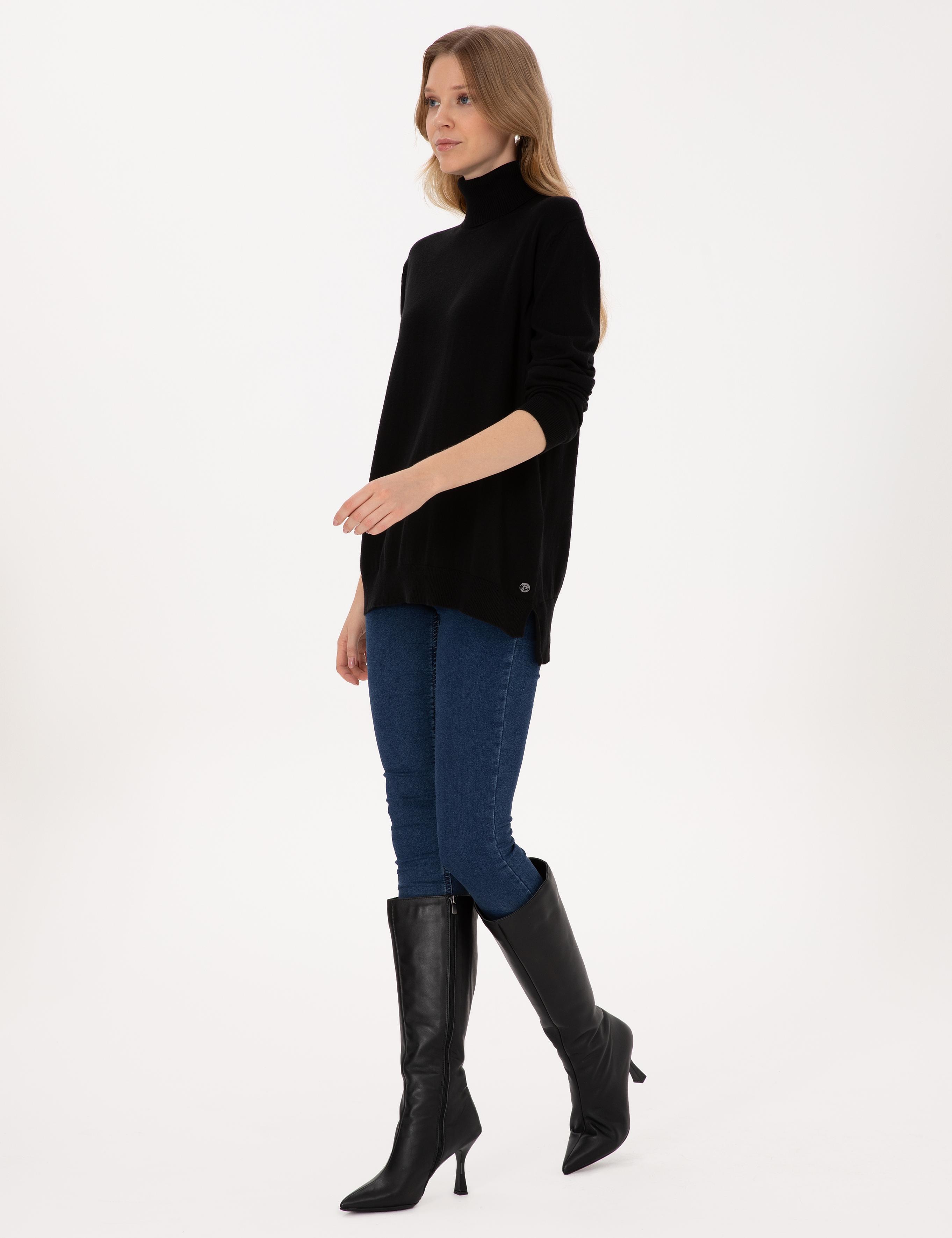 Siyah Comfort Fit Tam Balıkçı Yaka Basic Kazak