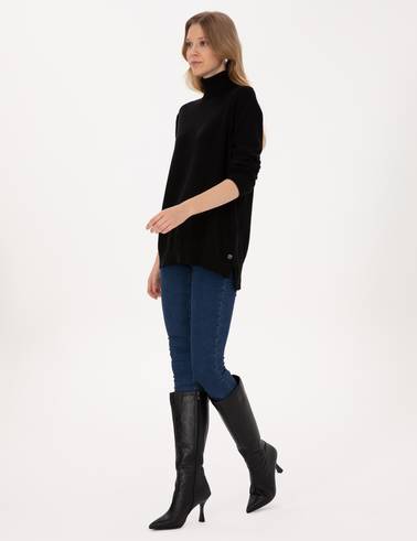 Siyah Comfort Fit Tam Balıkçı Yaka Basic Kazak