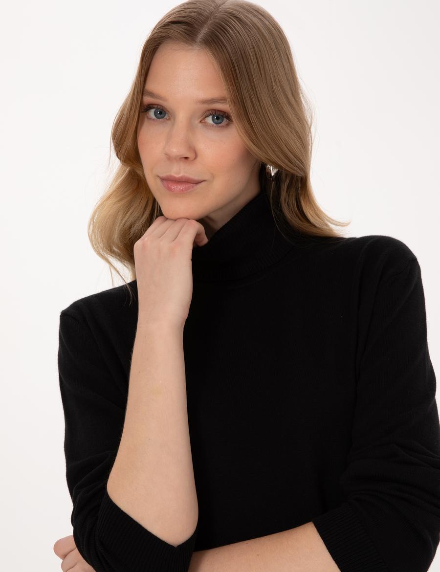 Siyah Comfort Fit Tam Balıkçı Yaka Basic Kazak