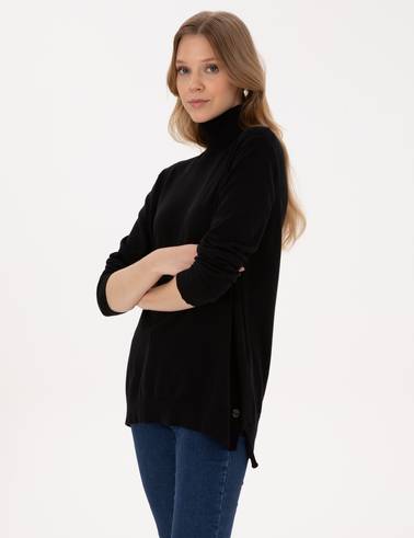 Siyah Comfort Fit Tam Balıkçı Yaka Basic Kazak