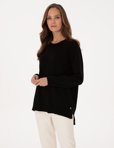 Siyah Comfort Fit Bisiklet Yaka Basic Kazak