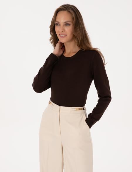 Kahverengi Comfort Fit Bisiklet Yaka Basic Kazak - 50316393026