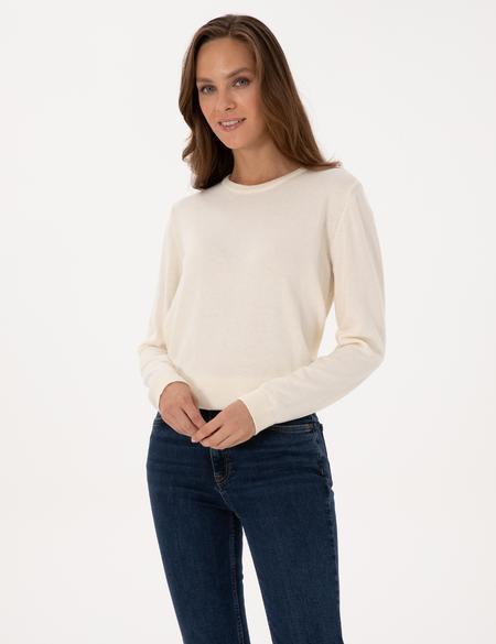 Ekru Comfort Fit Bisiklet Yaka Basic Kazak - 50316393006