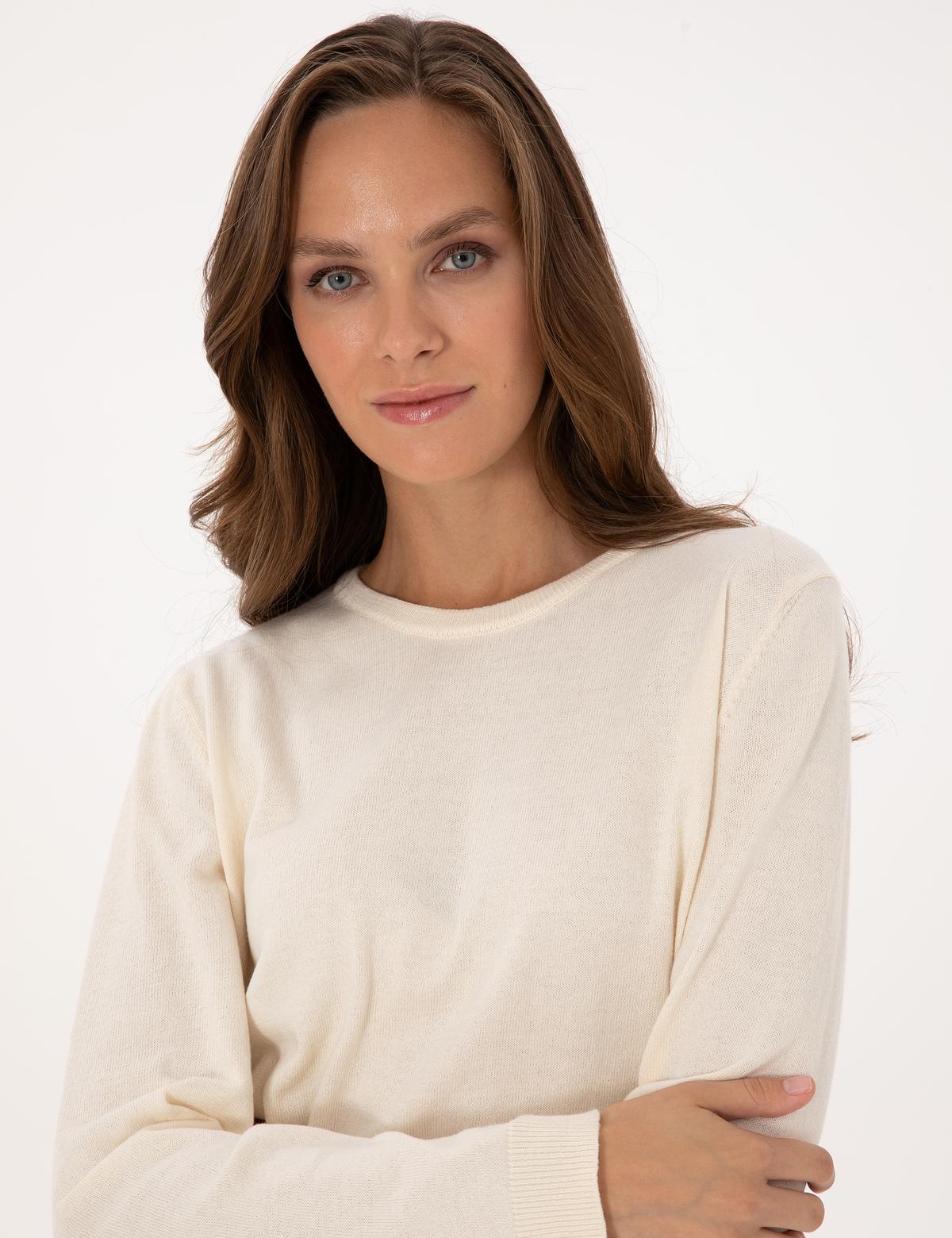 Ekru Comfort Fit Bisiklet Yaka Basic Kazak - 50316393006