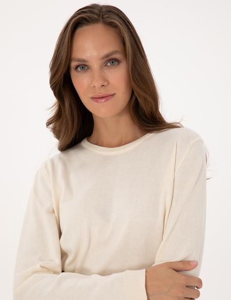 Ekru Comfort Fit Bisiklet Yaka Basic Kazak - 50316393006