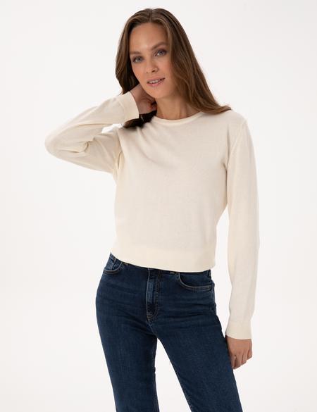 Ekru Comfort Fit Bisiklet Yaka Basic Kazak - 50316393006