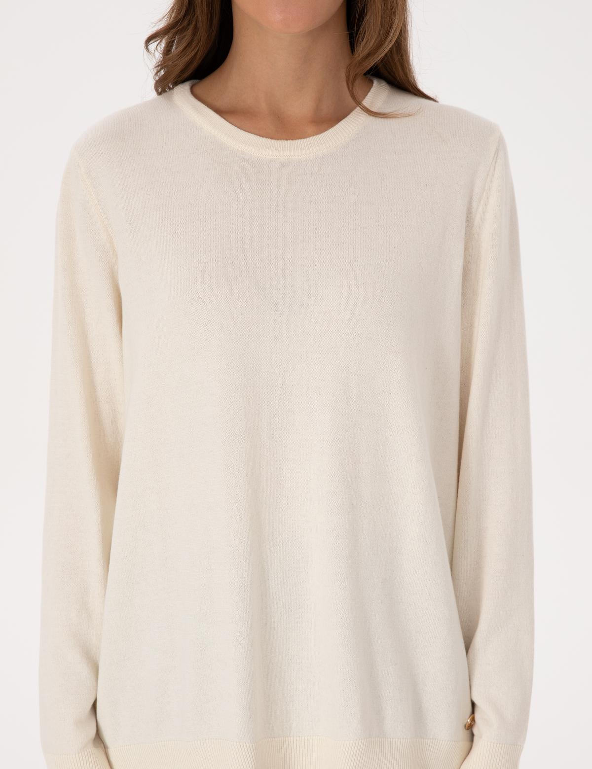 Ekru Comfort Fit Bisiklet Yaka Basic Kazak - 50316393006