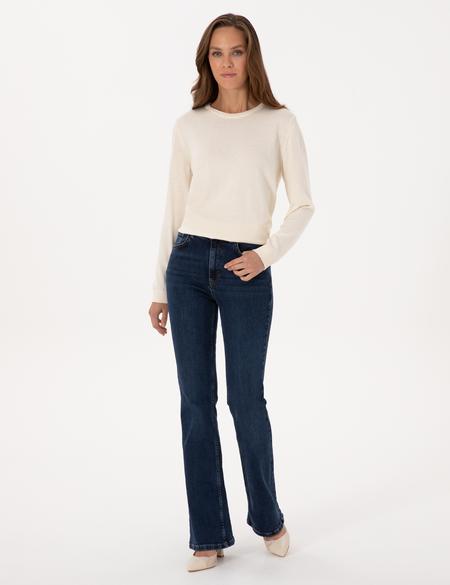 Ekru Comfort Fit Bisiklet Yaka Basic Kazak - 50316393006