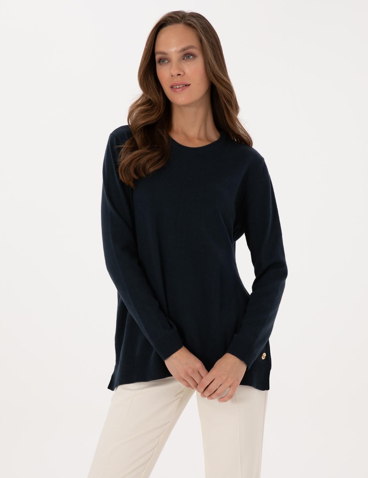 Lacivert Comfort Fit Bisiklet Yaka Basic Kazak