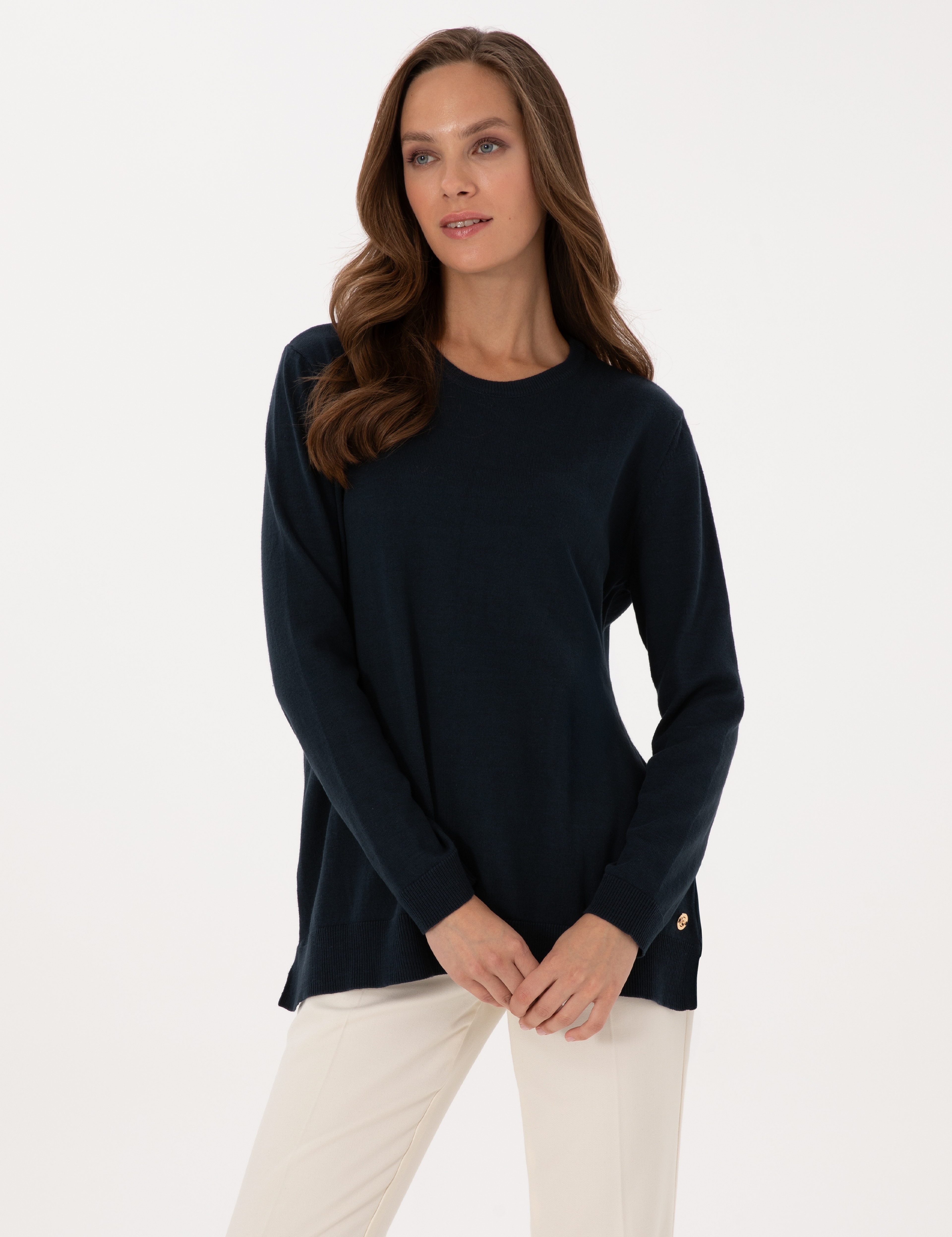 Lacivert Comfort Fit Bisiklet Yaka Basic Kazak - Image 1