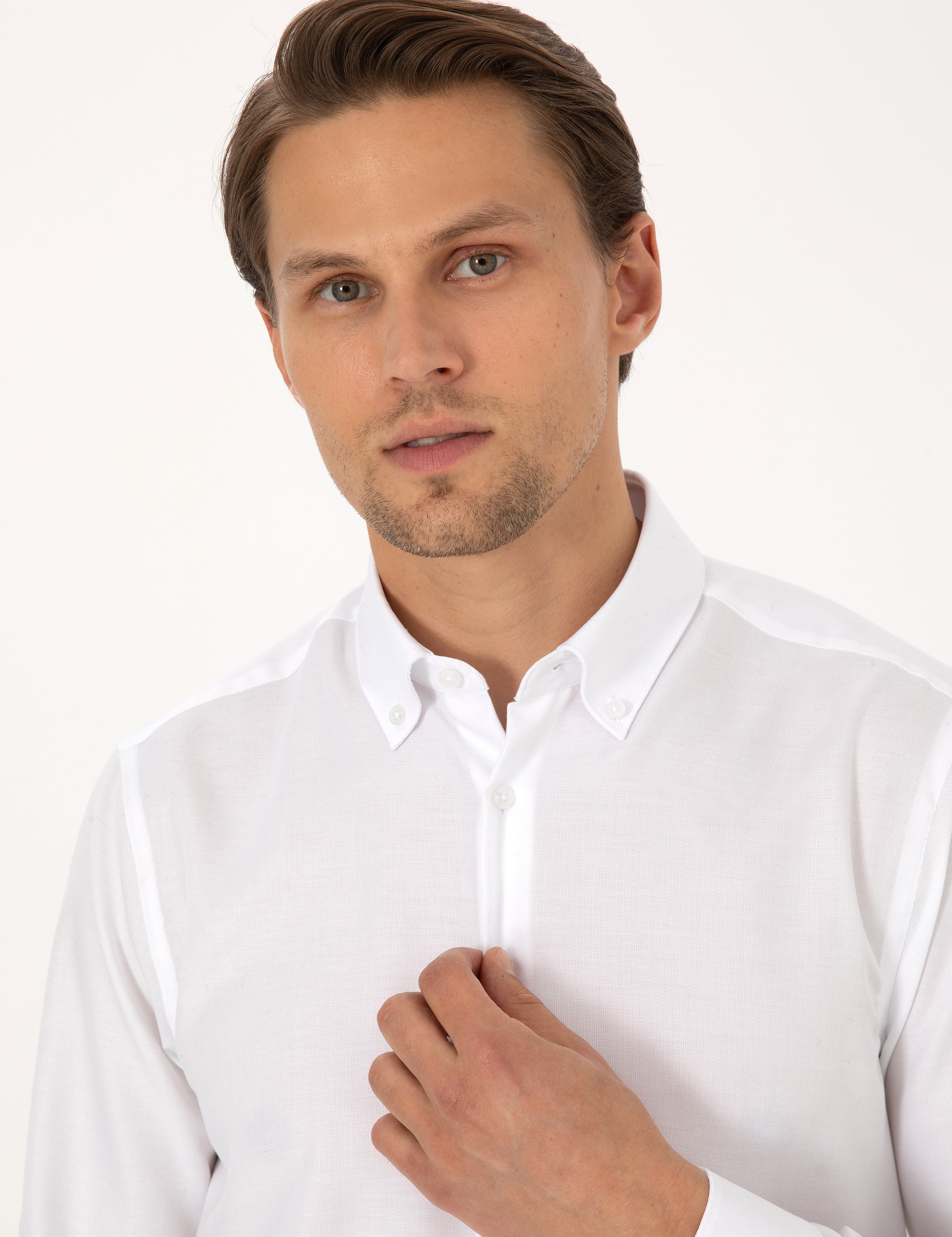 Beyaz Non Iron Slim Fit Uzun Kollu Basic Gömlek - Image 2