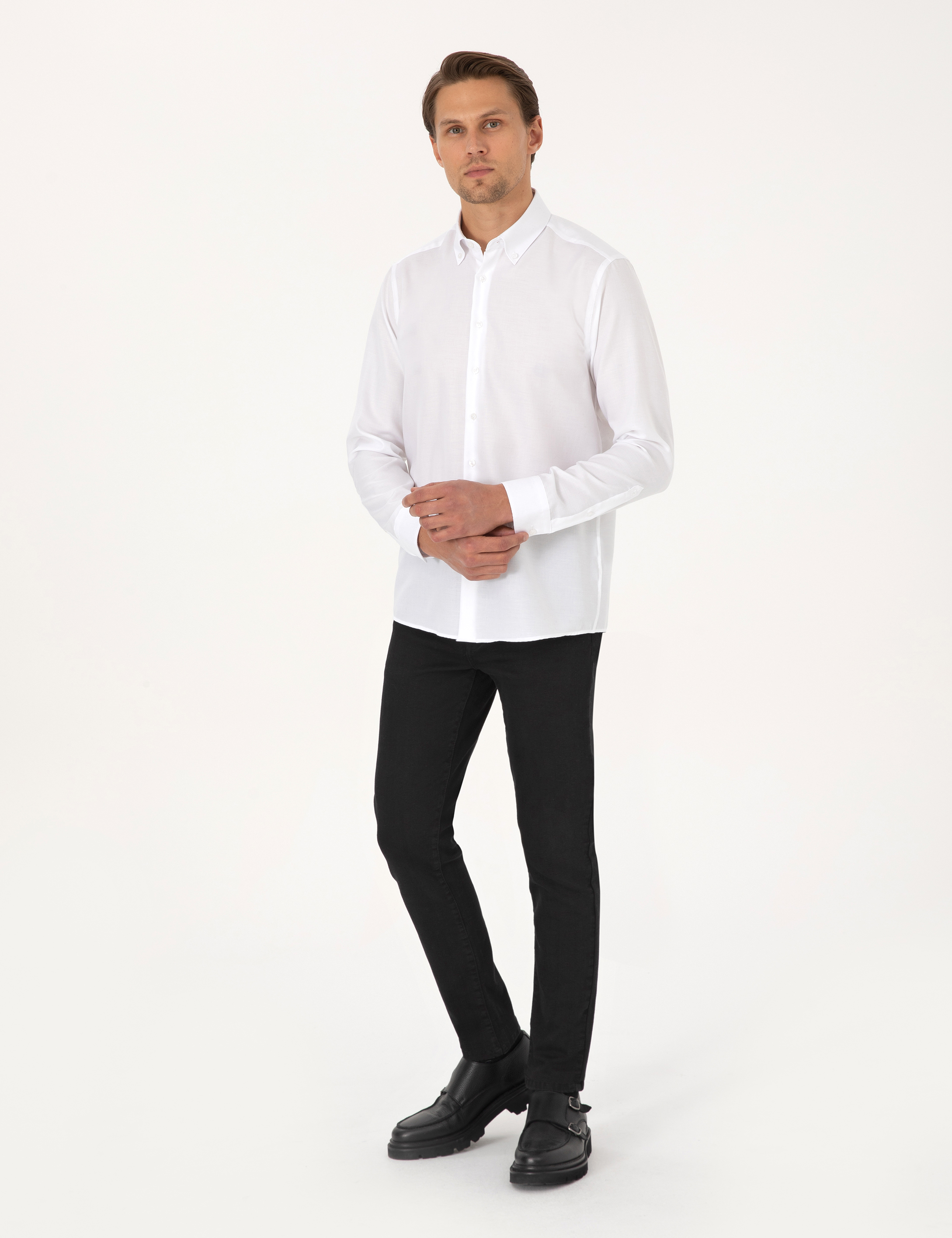 Beyaz Non Iron Slim Fit Uzun Kollu Basic Gömlek - Image 4