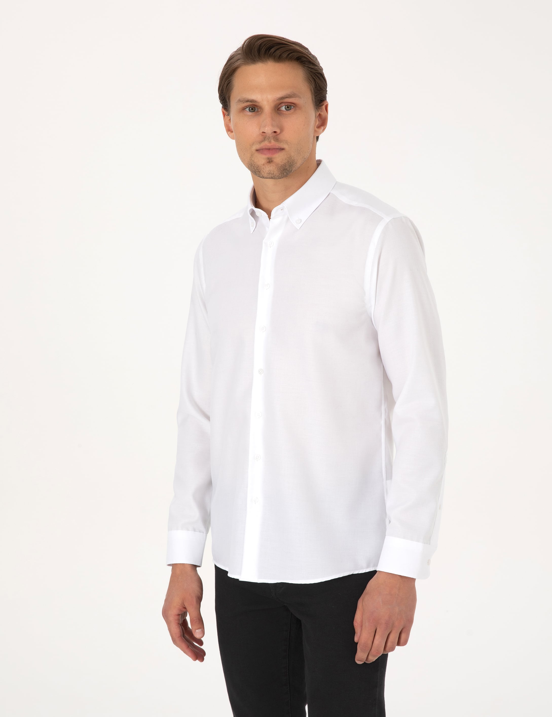 Beyaz Non Iron Slim Fit Uzun Kollu Basic Gömlek - Image 3