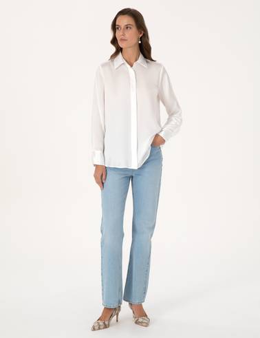 Ekru Comfort Fit Saten Uzun Kollu Gömlek