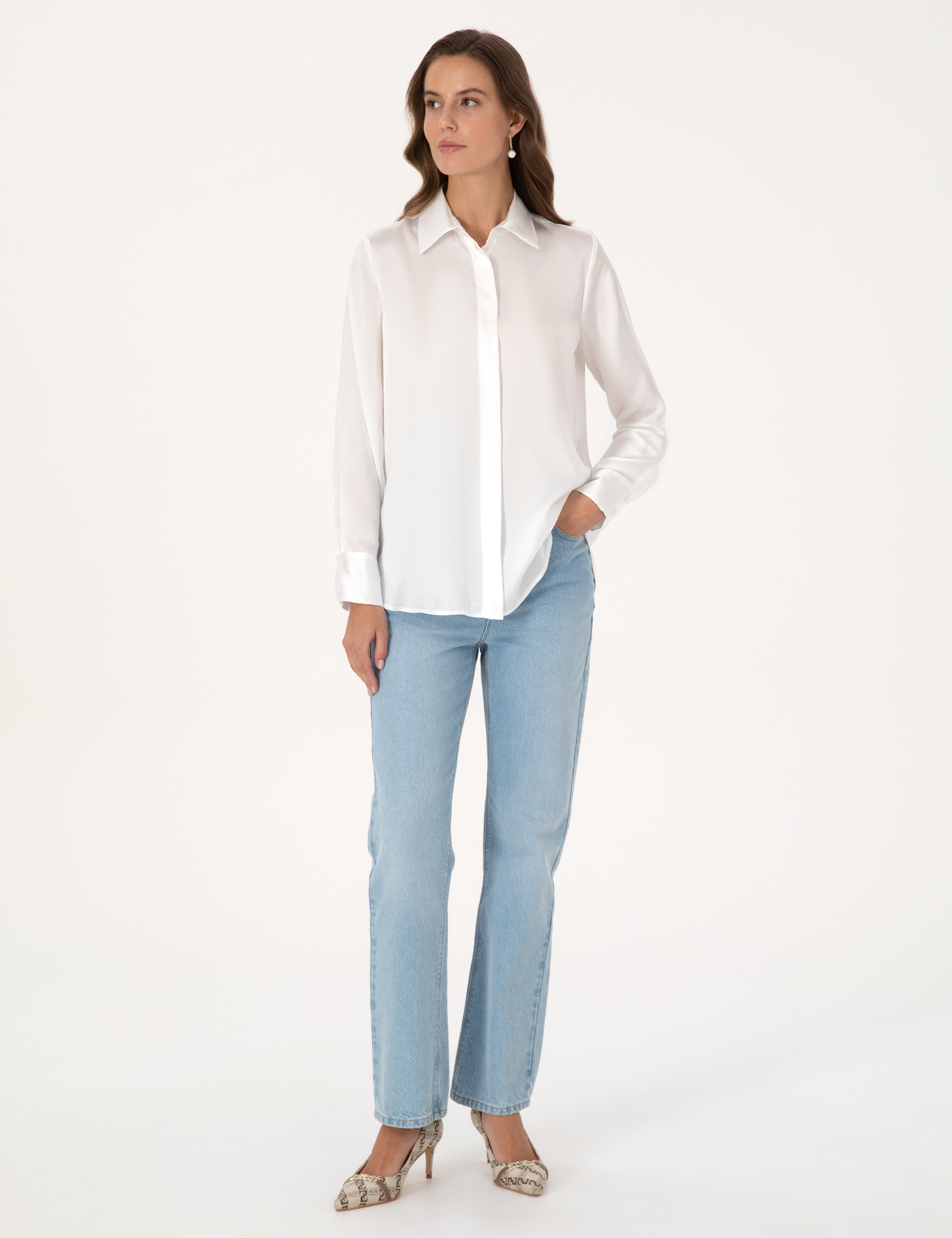 Ekru Comfort Fit Saten Uzun Kollu Gömlek - Image 4