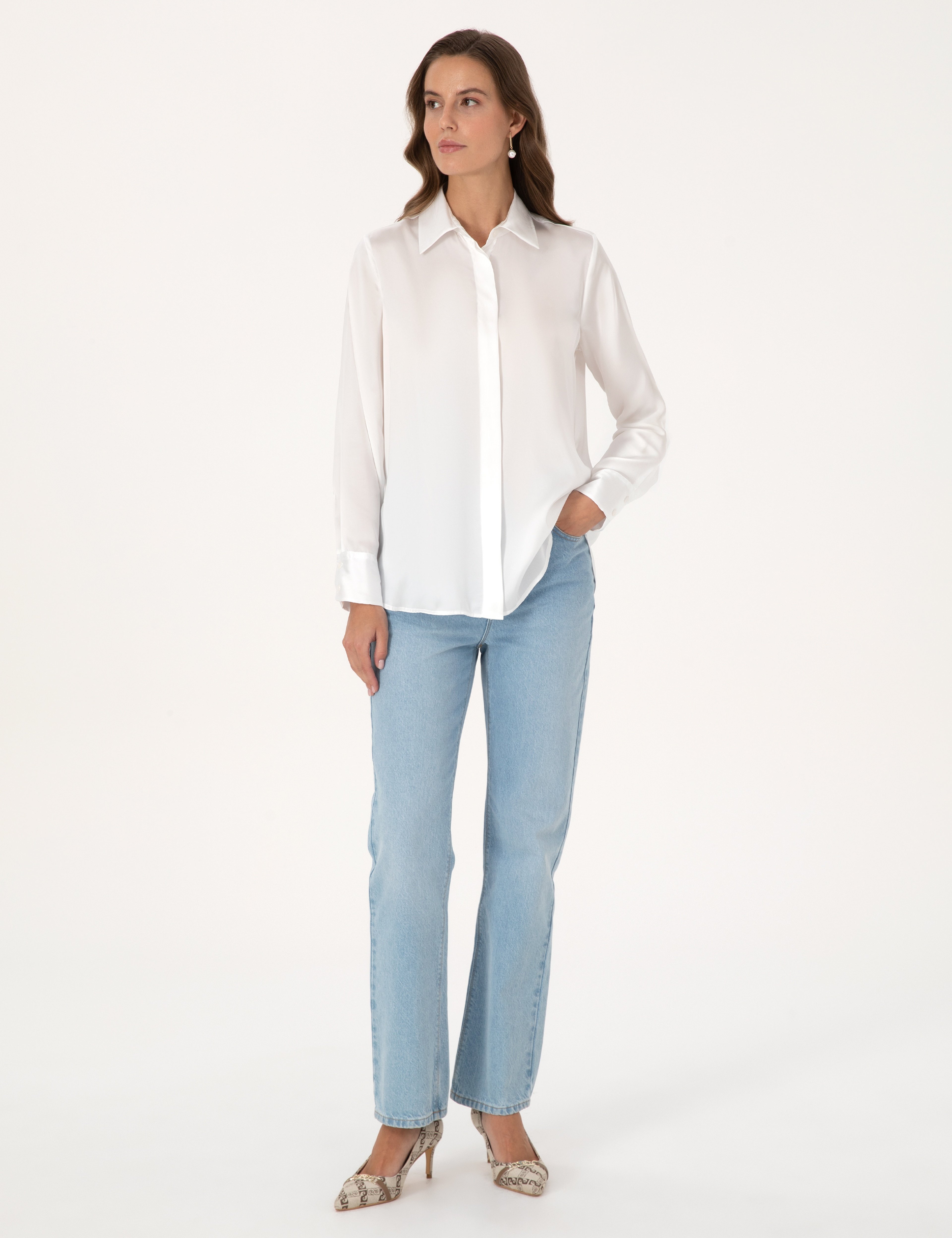 Ekru Comfort Fit Saten Uzun Kollu Gömlek