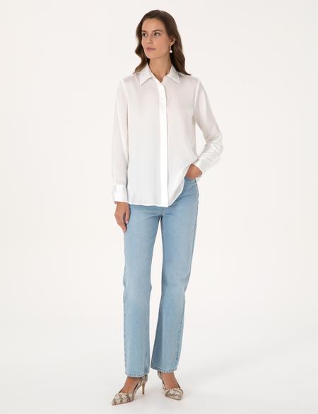 Ekru Comfort Fit Saten Uzun Kollu Gömlek - 50313588008