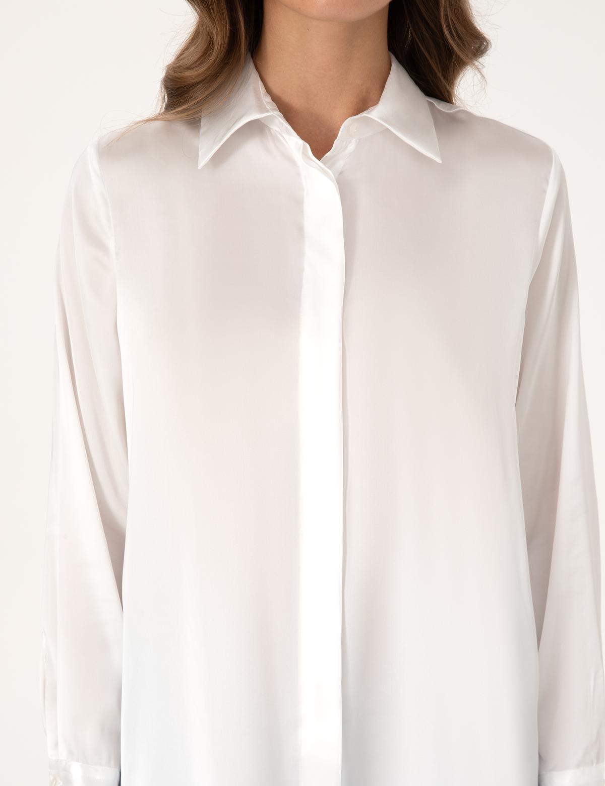 Ekru Comfort Fit Saten Uzun Kollu Gömlek - 50313588008