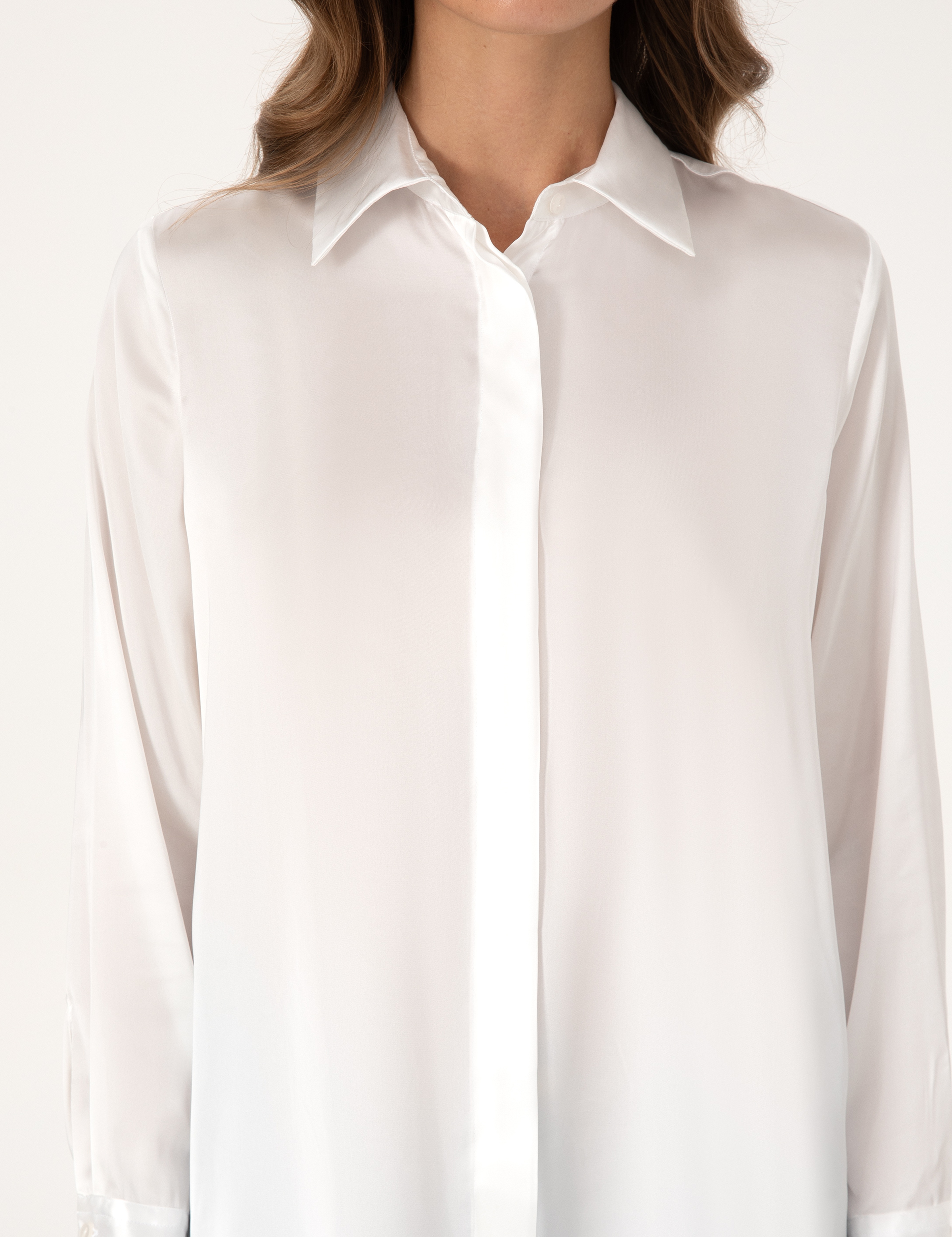 Ekru Comfort Fit Saten Uzun Kollu Gömlek - Image 6