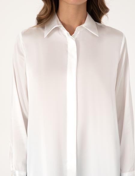 Ekru Comfort Fit Saten Uzun Kollu Gömlek - 50313588008