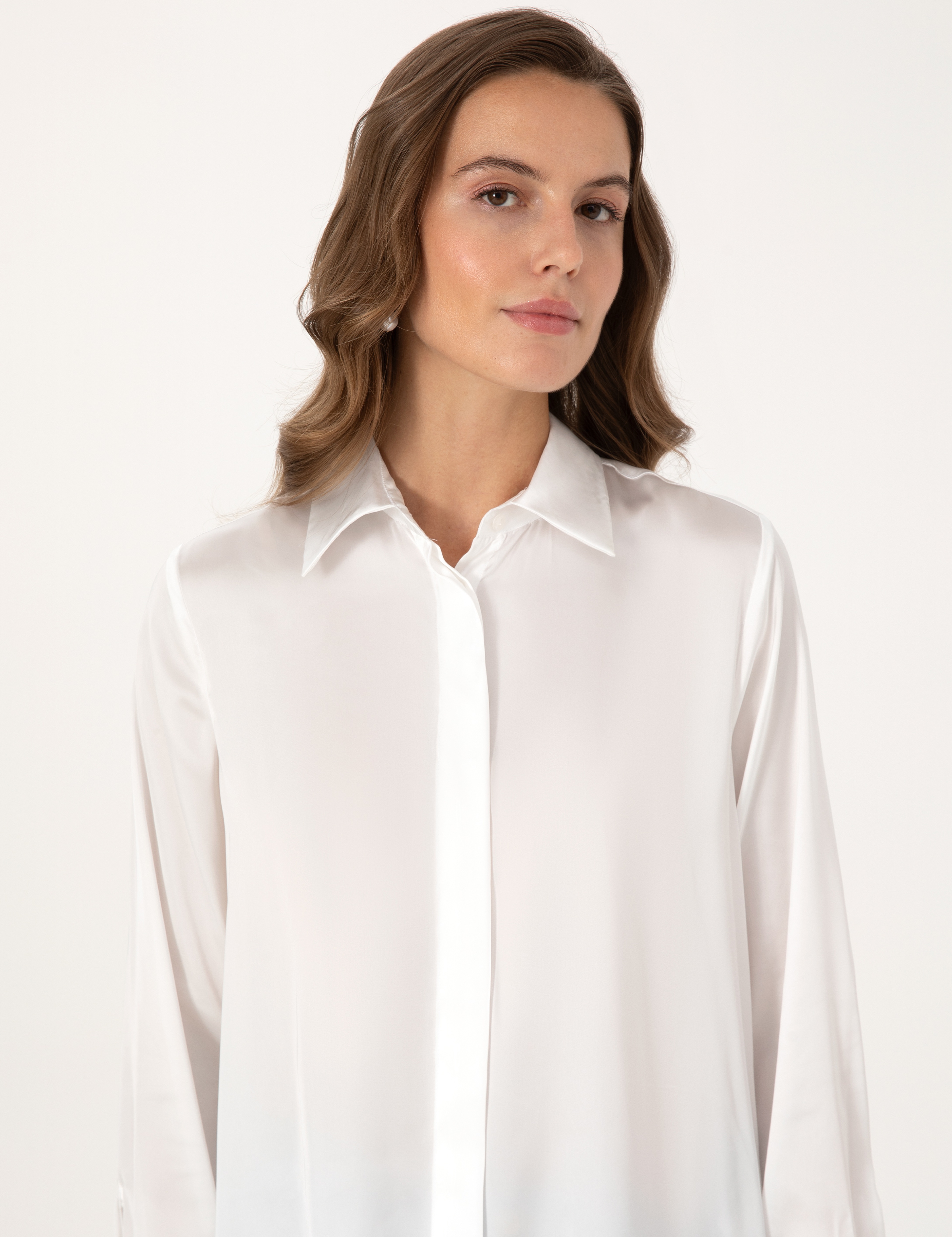 Ekru Comfort Fit Saten Uzun Kollu Gömlek - Image 2