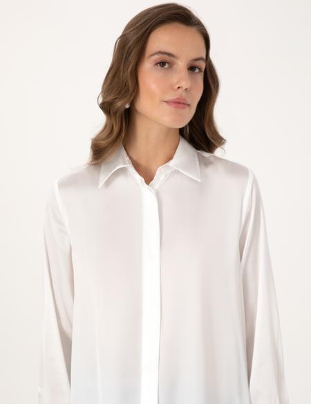 Ekru Comfort Fit Saten Uzun Kollu Gömlek - 50313588008