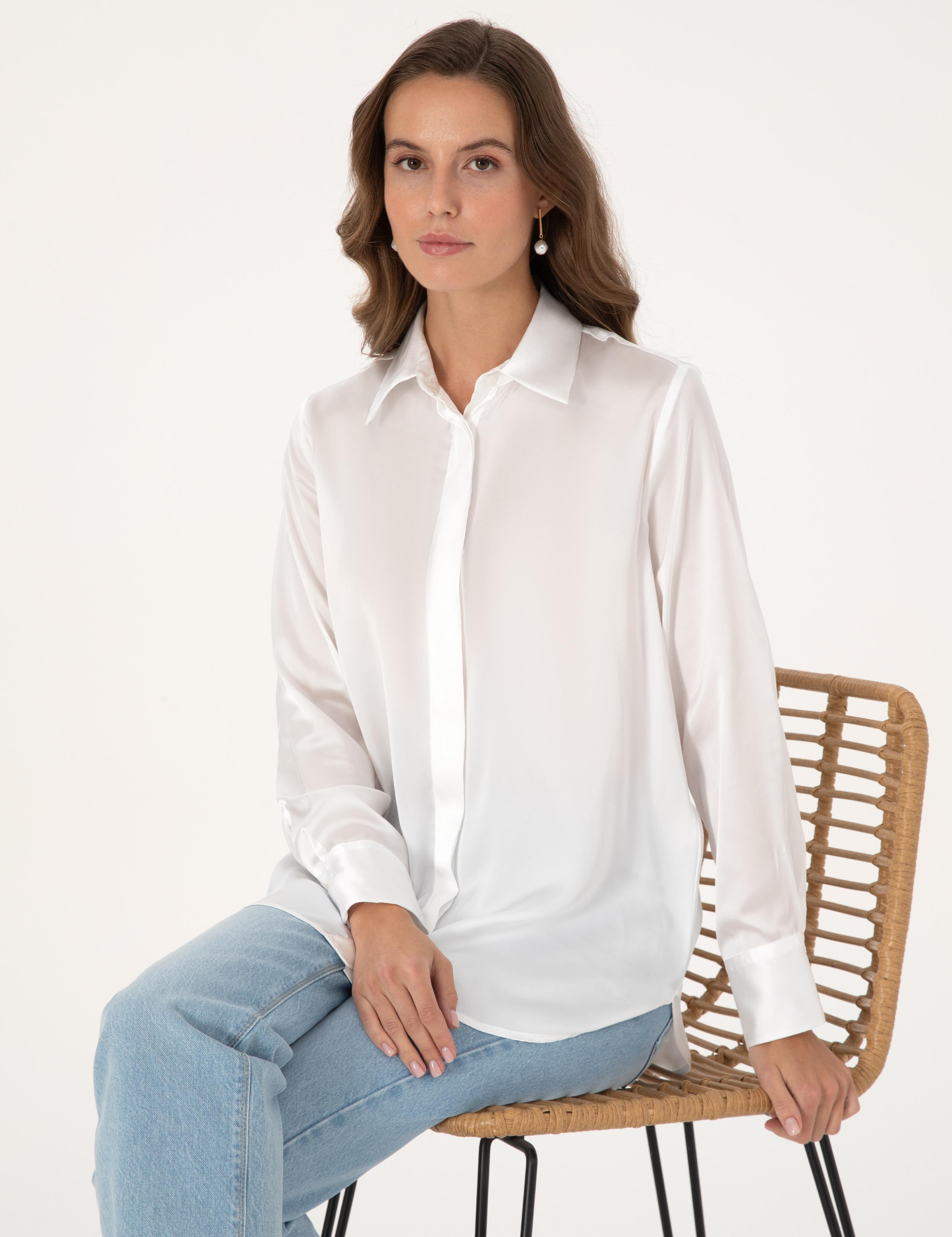 Ekru Comfort Fit Saten Uzun Kollu Gömlek