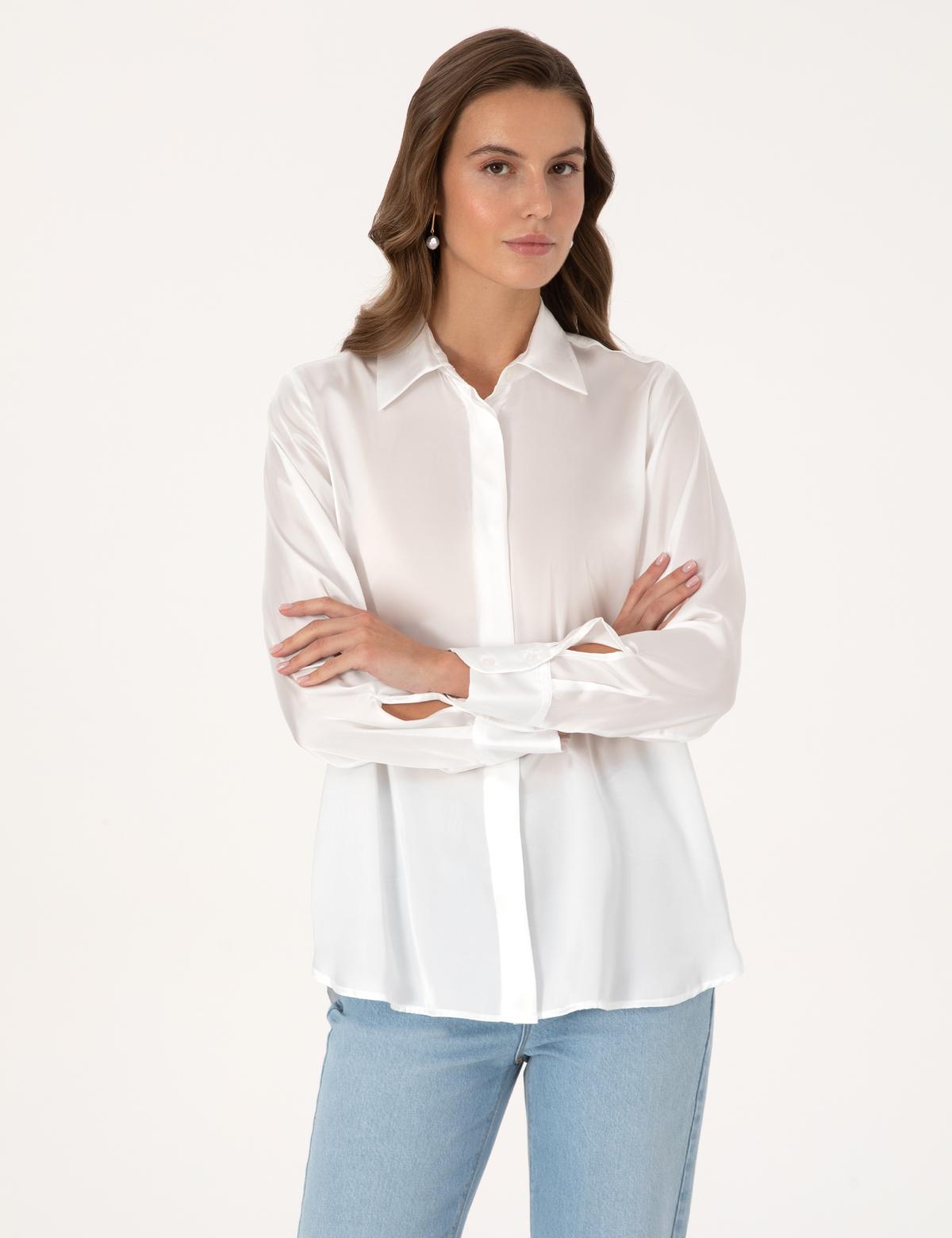 Ekru Comfort Fit Saten Uzun Kollu Gömlek - 50313588008