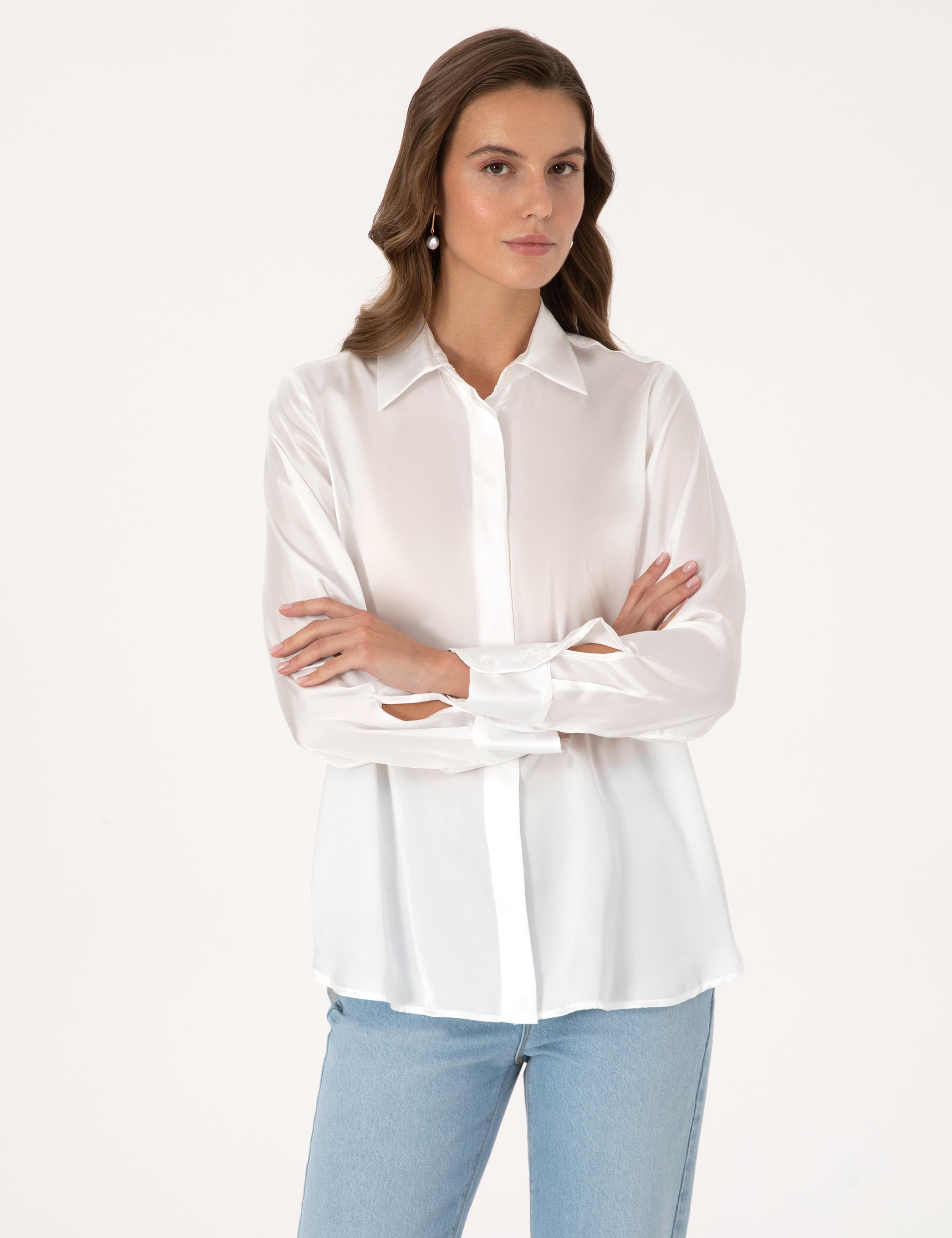 Ekru Comfort Fit Saten Uzun Kollu Gömlek