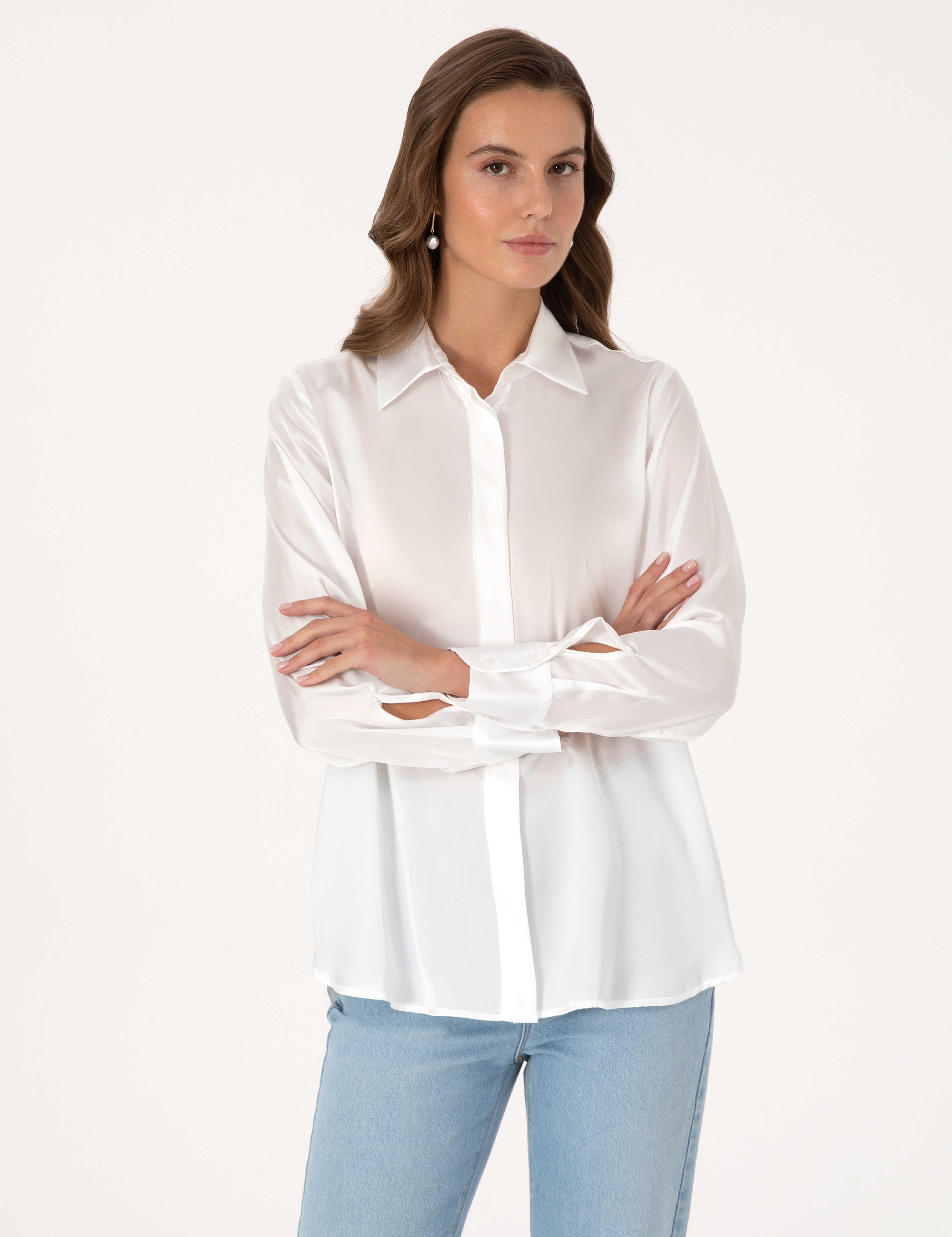 Ekru Comfort Fit Saten Uzun Kollu Gömlek - Image 3