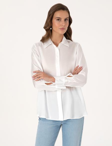 Ekru Comfort Fit Saten Uzun Kollu Gömlek - 50313588008