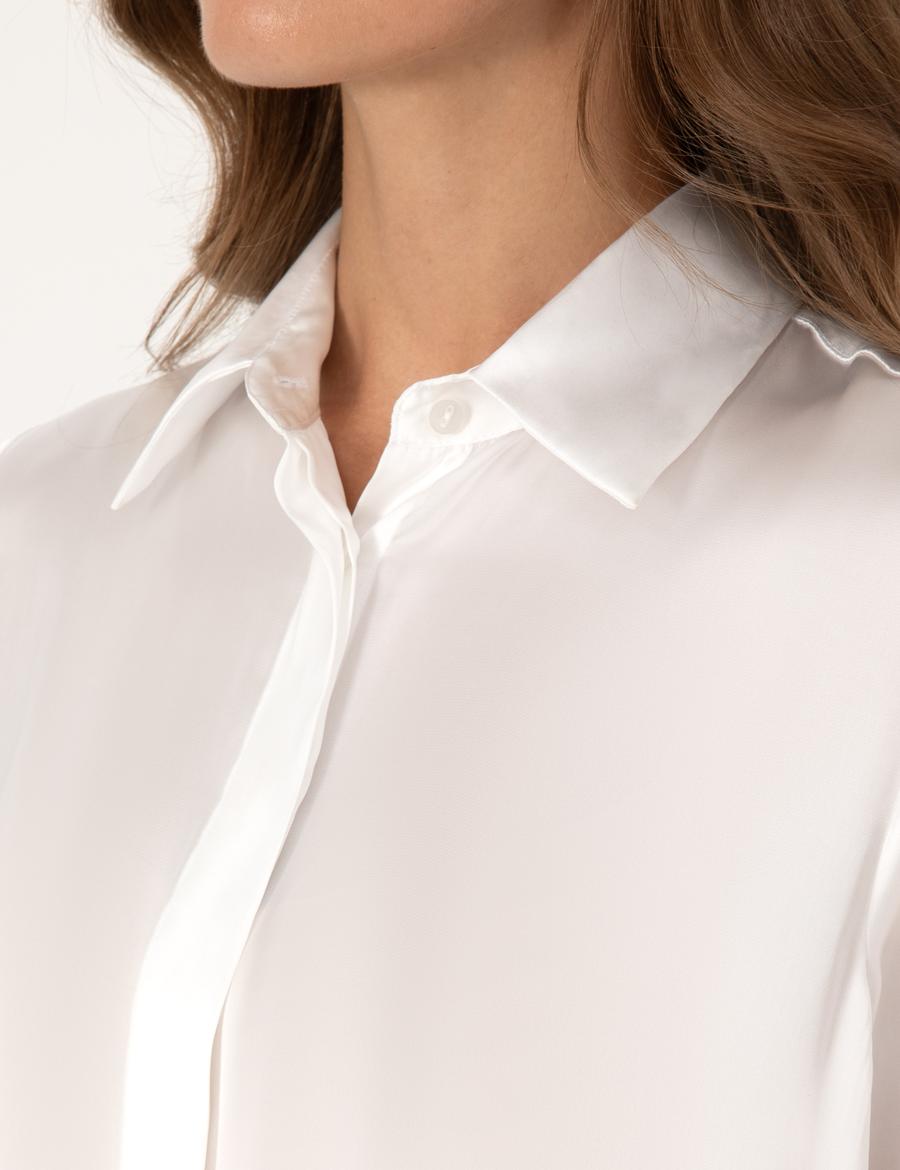 Ekru Comfort Fit Saten Uzun Kollu Gömlek