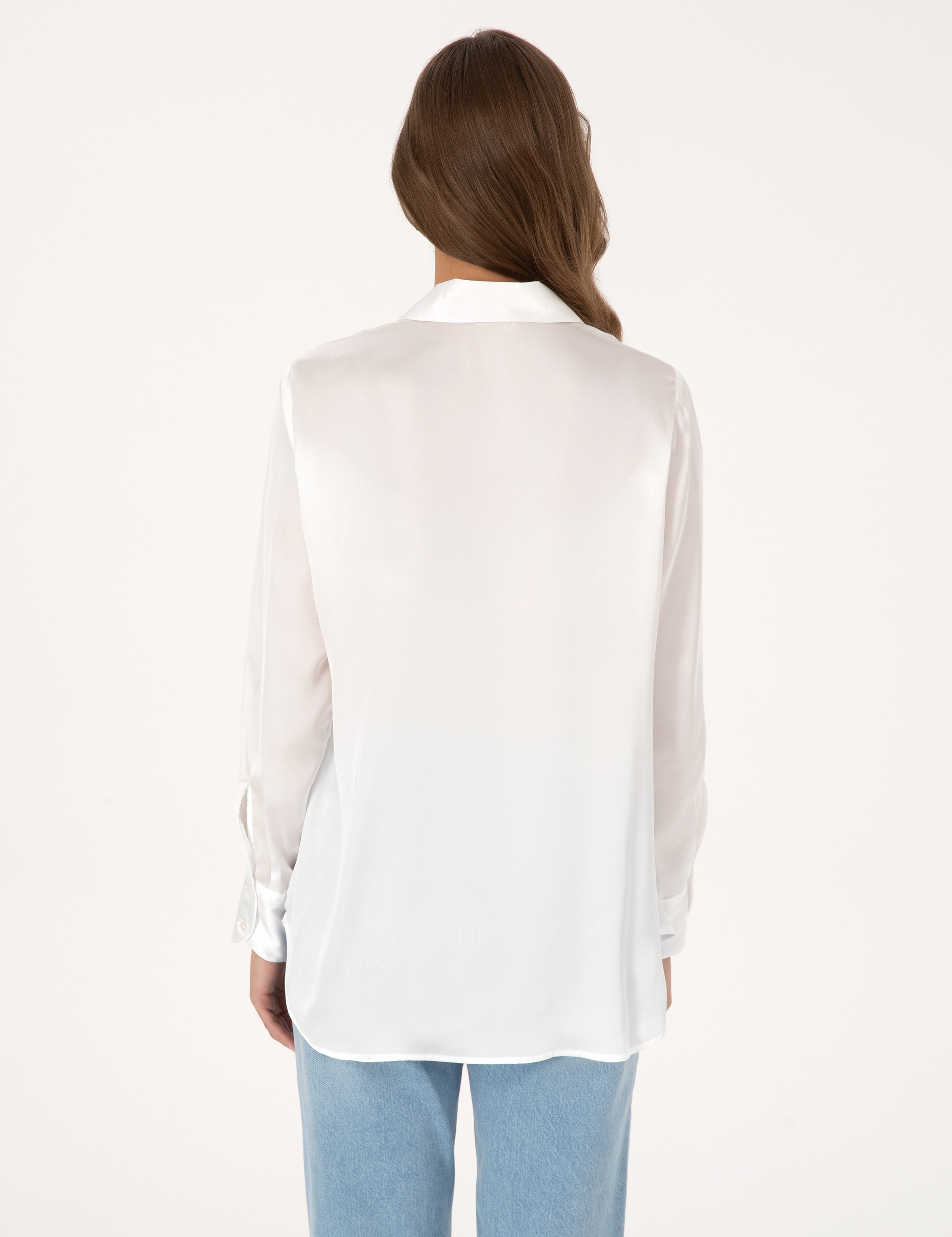 Ekru Comfort Fit Saten Uzun Kollu Gömlek - Image 5