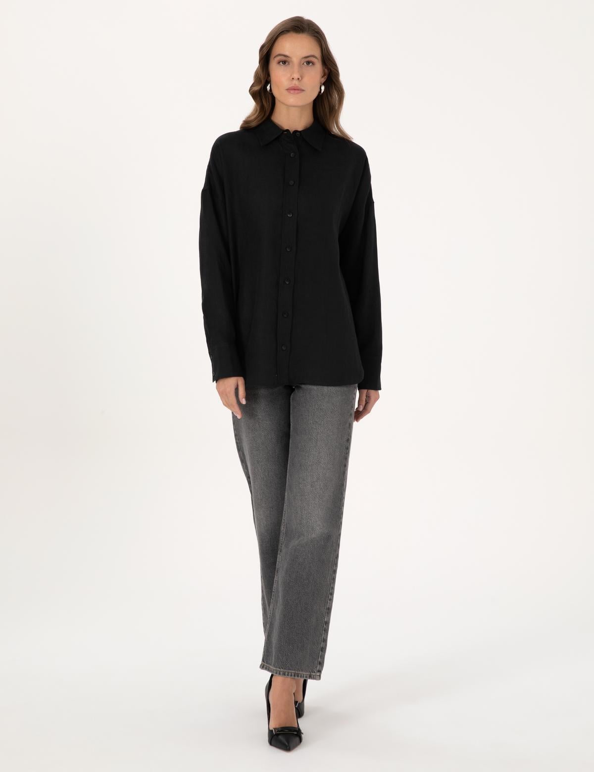 Siyah Oversize Uzun Kollu Gömlek - 50301078062