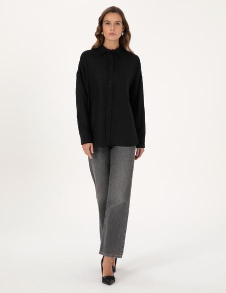 Siyah Oversize Uzun Kollu Gömlek - 50301078062