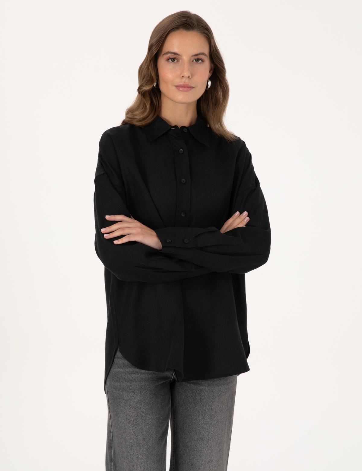 Siyah Oversize Uzun Kollu Gömlek - 50301078062