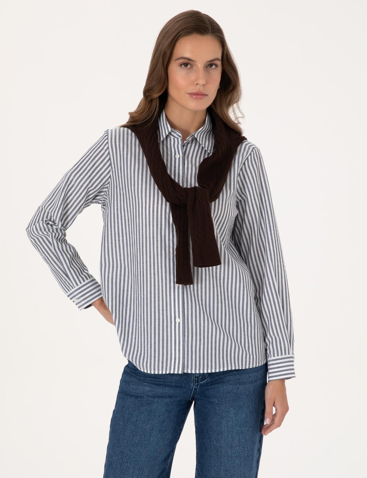 Lacivert Çizgili Comfort Fit Uzun Kollu Gömlek - 50318226005