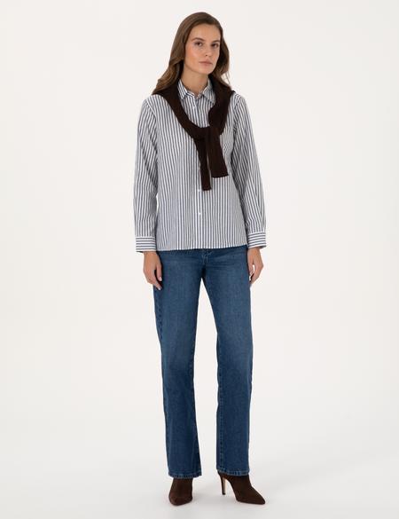 Lacivert Çizgili Comfort Fit Uzun Kollu Gömlek - 50318226005